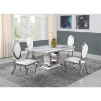 White Marble 5pc Set Stainless Steel Chairs in White Faux Leather