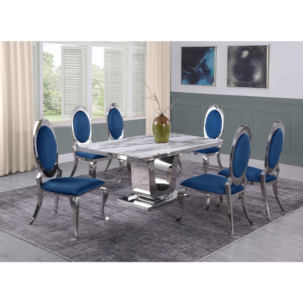 White Marble 7pc Set Stainless Steel Chairs in Navy Blue Velvet