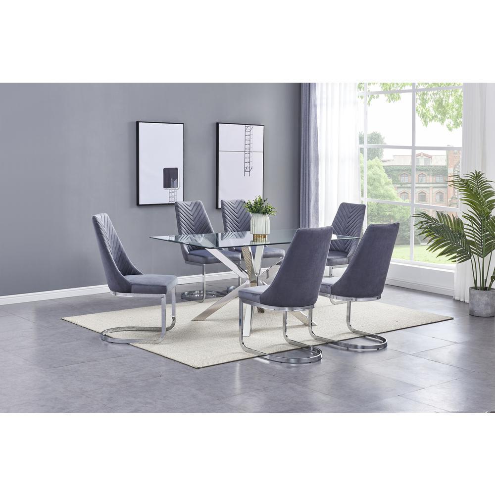 Rectangular Tempered Glass 7pc Set Chrome Chairs in Dark Grey Velvet