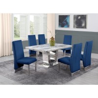 White Marble 7pc Set Pleated Chairs in Navy Blue Velvet