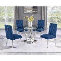 Round Style 5pc Glass Dining Set Ring Chairs in Navy Blue Velvet