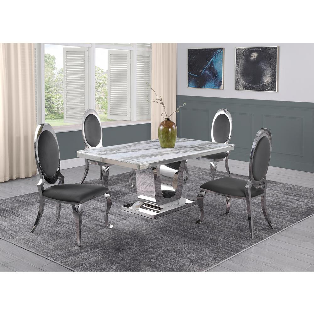 White Marble 5pc Set Stainless Steel Chairs in Dark Grey Velvet