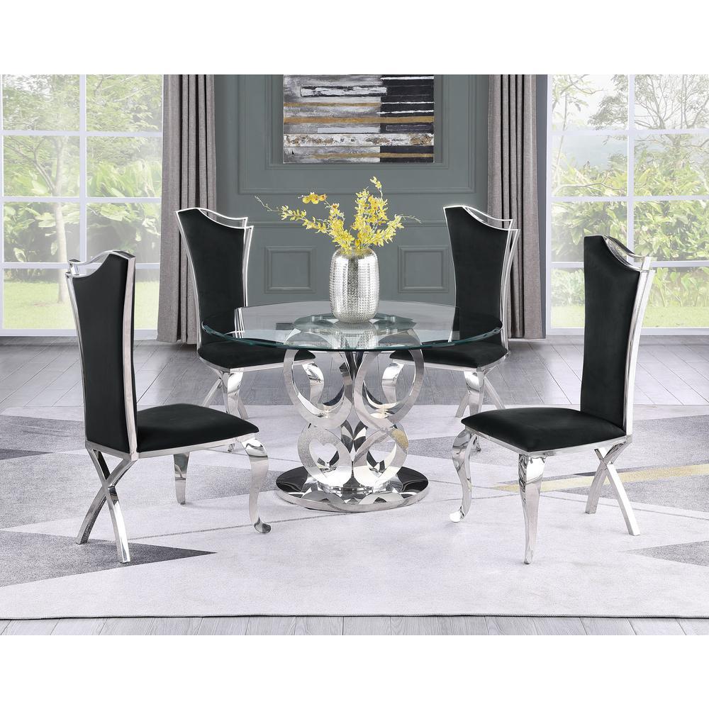 Round Style 5pc Glass Dining Set Stainless Steel Chairs in Black Velvet