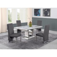 White Marble 5pc Set Pleated Chairs in Dark Grey Velvet