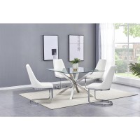 Square Tempered Glass 5pc Set Chrome Chairs in White Faux Leather