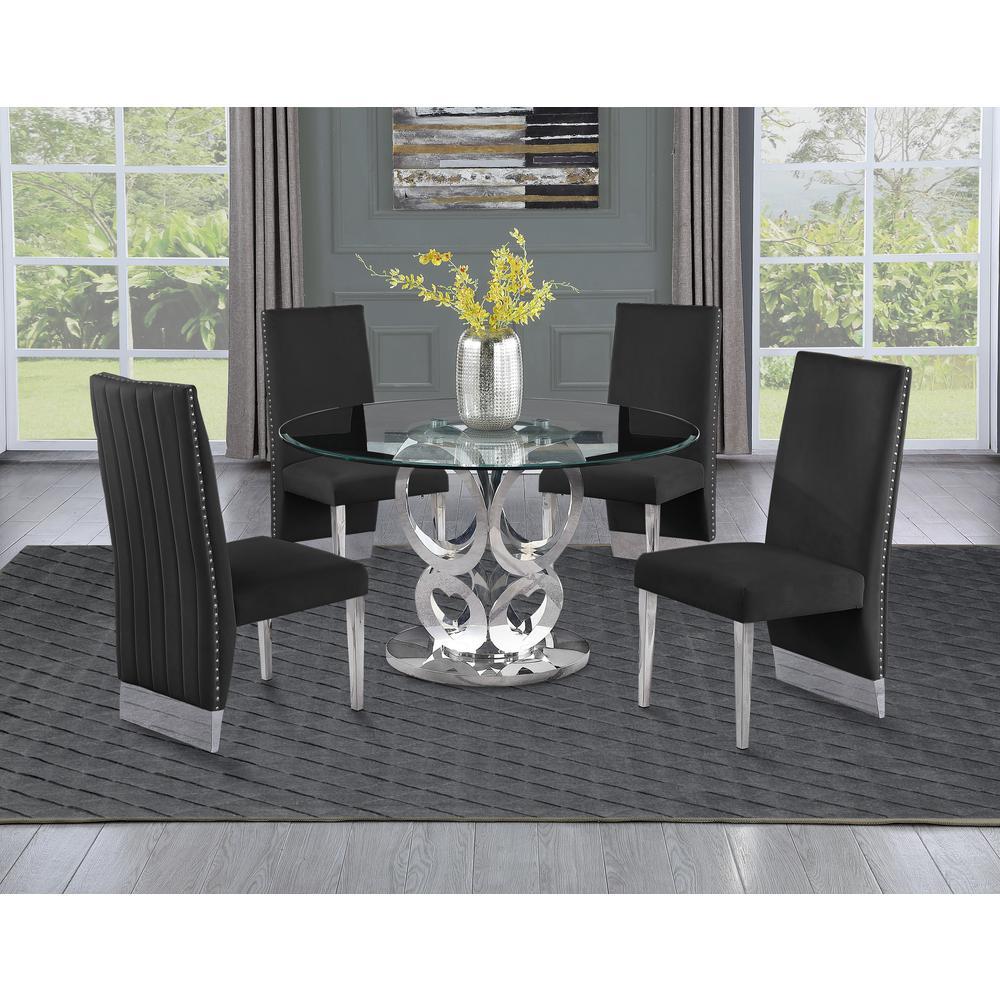 Round Style 5pc Glass Dining Set Pleated Chairs in Black Velvet