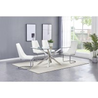 Rectangular Tempered Glass 5pc Set Chrome Chairs in White Faux Leather