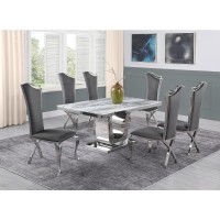 White Marble 7pc Set Highback Chairs in Dark Grey Velvet