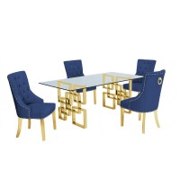 Classic 7 Piece Dining Set With Glass Table Top Stainless Steel Legs with Ring Handle Navy Blue