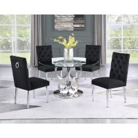 Round Style 5pc Glass Dining Set Ring Chairs in Black Velvet