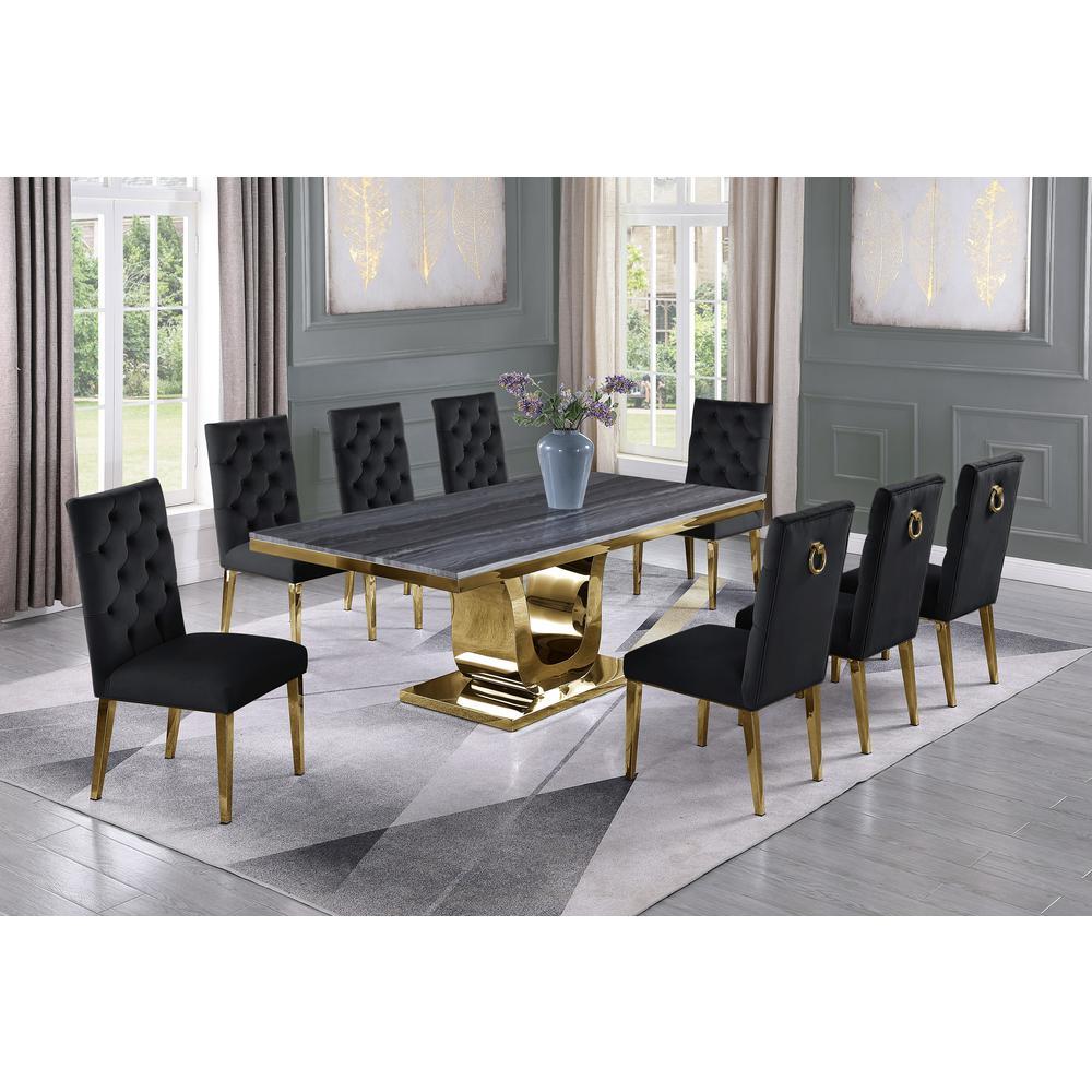 Dark Grey Marble 9pc Set Tufted Ring Chairs in Black Velvet