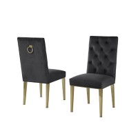 Dark Grey Marble 9pc Set Tufted Ring Chairs in Black Velvet