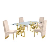 Classic 7 Piece Dining Set With Glass Table Top and Stainless Steel Legs wPleated Chairs Beige