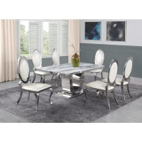 White Marble 7pc Set Stainless Steel Chairs in White Faux Leather