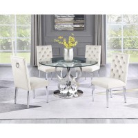 Round Style 5pc Glass Dining Set Ring Chairs in Beige Velvet