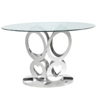 Round Style 5pc Glass Dining Set Ring Chairs in Beige Velvet