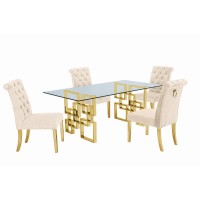 Classic 7 Piece Dining Set With Glass Table Top and Stainless Steel Legs wRing Handle Beige