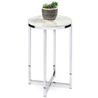 Best Choice Products 16In Faux Marble Accent Table, Modern End Table, Small Coffee Table Home Decor For Living Room, Dining Room, Tea, Coffee W/Metal Frame, Foot Caps, Designer - White/Chrome