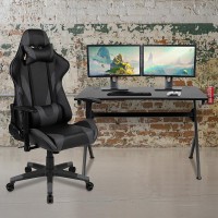 Black Gaming Desk and GrayBlack Reclining Gaming Chair Set with Cup Holder Headphone Hook 2 Wire Management Holes