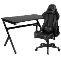 Black Gaming Desk and GrayBlack Reclining Gaming Chair Set with Cup Holder Headphone Hook 2 Wire Management Holes