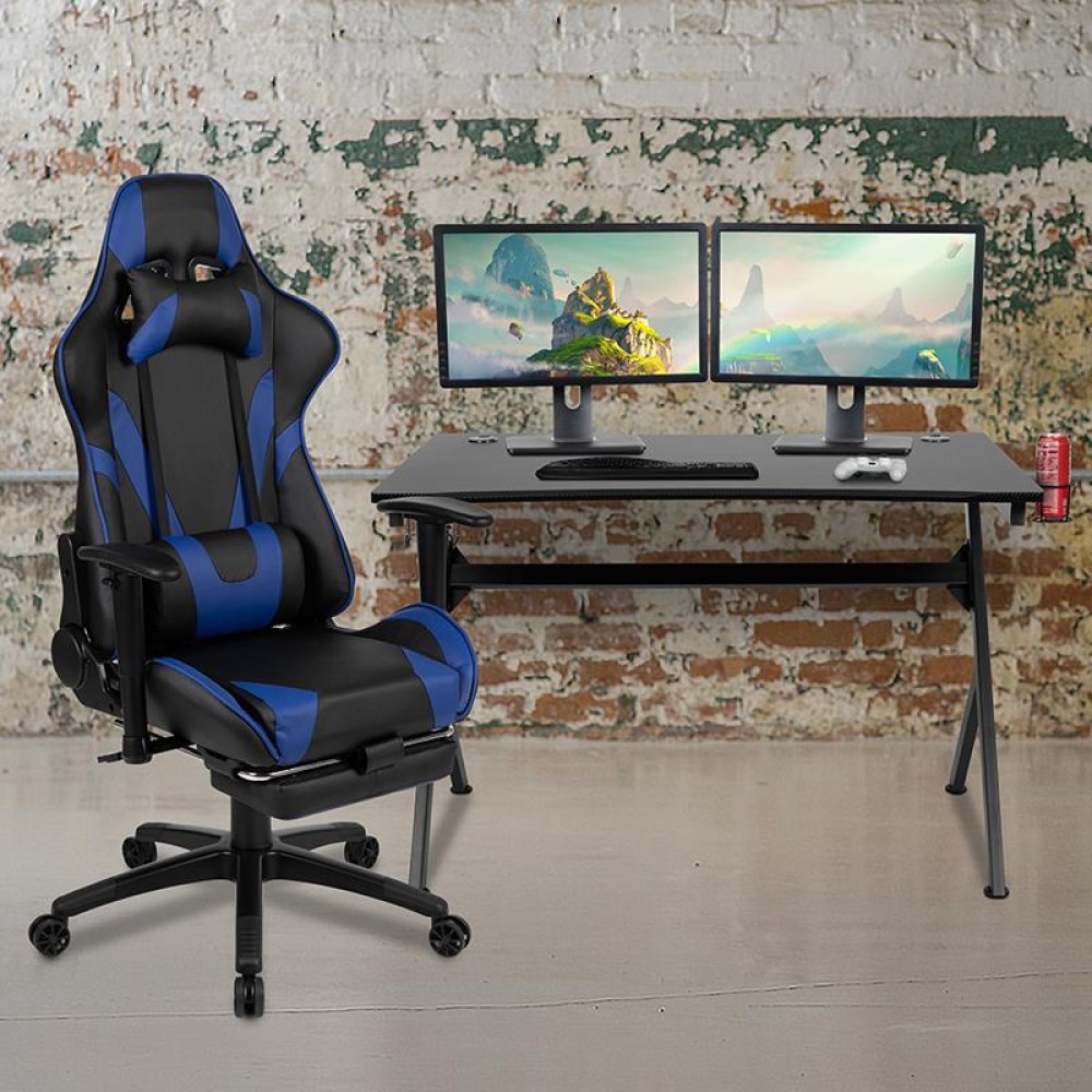 Black Gaming Desk and Blue Footrest Reclining Gaming Chair Set with Cup Holder Headphone Hook 2 Wire Management Holes