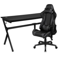 Gaming Desk and GrayBlack Reclining Gaming Chair Set Cup HolderHeadphone HookRemovable Mouse Pad Top Wire Management