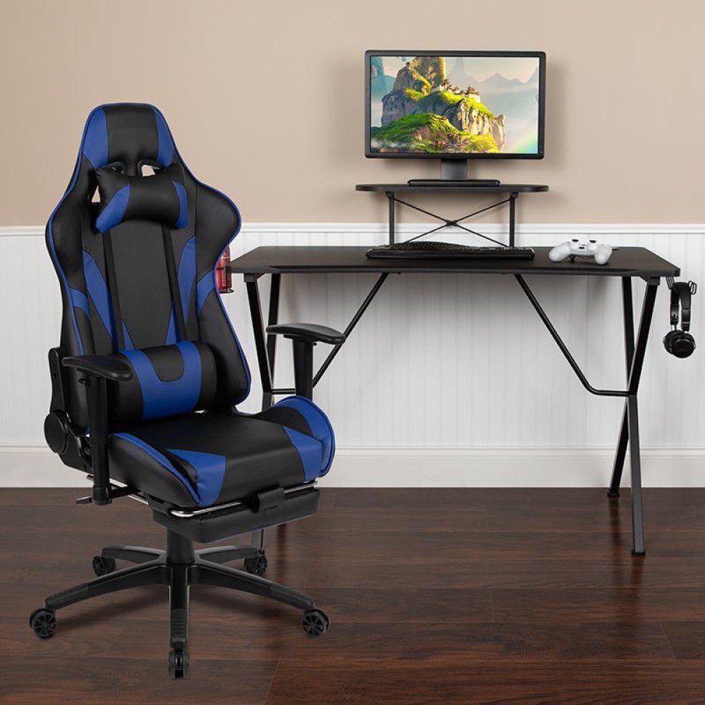 Black Gaming Desk with Cup Holder/Headphone Hook and Monitor/Smartphone Stand & Blue Reclining Gaming Chair with Footrest