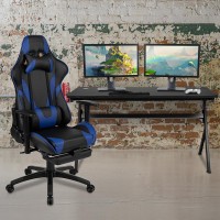 Gaming Desk and Blue Footrest Reclining Gaming Chair Set - Cup Holder/Headphone Hook/Removable Mouse Pad Top/Wire Management