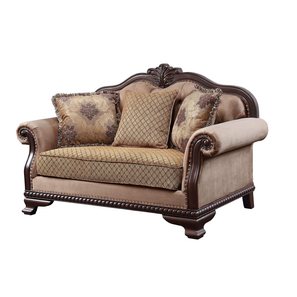 Acme Chateau De Ville Fabric Loveseat With 3 Pillows In Beige And Espresso