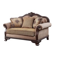 Acme Chateau De Ville Fabric Loveseat With 3 Pillows In Beige And Espresso
