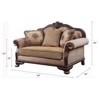 Acme Chateau De Ville Fabric Loveseat With 3 Pillows In Beige And Espresso