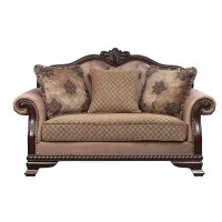 Acme Chateau De Ville Fabric Loveseat With 3 Pillows In Beige And Espresso