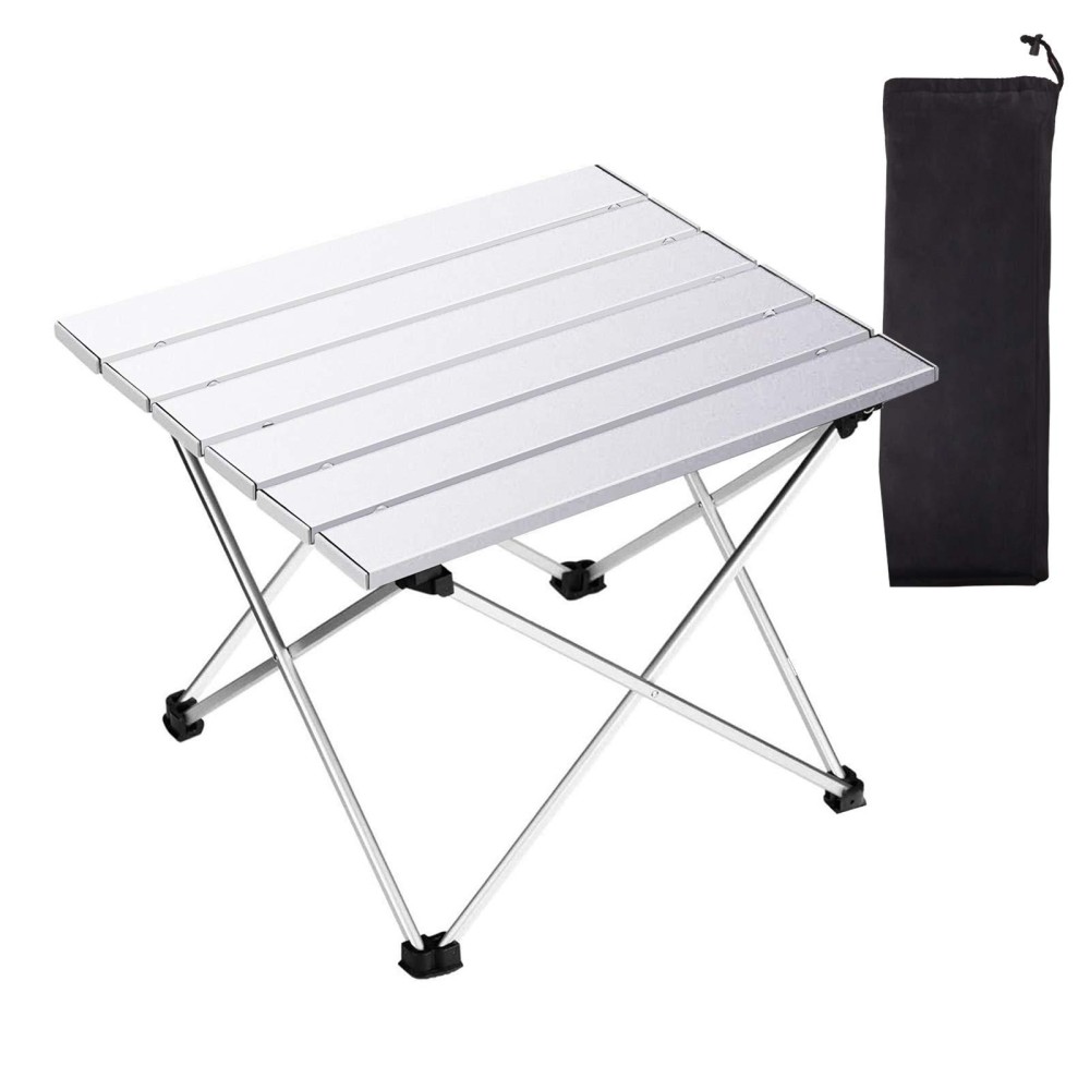 Tesouro Portable Camping Table,Folding Side Table Aluminum Top For Outdoor Cooking, Hiking, Travel, Picnic (Medium, Sliver)