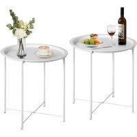 Vecelo Side/End Table, Folding Round Metal Anti-Rust And Waterproof Outdoor Or Indoor Tray For Living Room Bedroom Balcony And Office, 2 Pcs, Beige