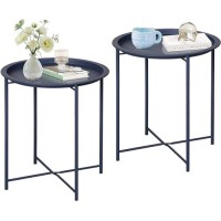 Vecelo Side/End Table, Folding Round Metal Anti-Rust And Waterproof Outdoor Or Indoor Tray For Living Room Bedroom Balcony And Office, 2 Pcs, Blue