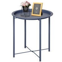 Vecelo Side/End Table, Folding Round Metal Anti-Rust And Waterproof Outdoor Or Indoor Tray For Living Room Bedroom Balcony And Office, 1 Pcs, Blue