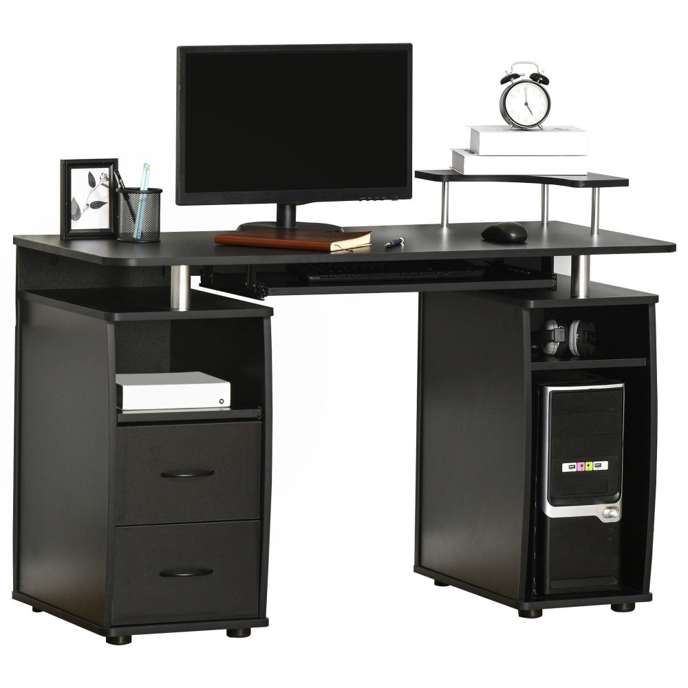 Homcom Computer Desk Office Pc Table Workstation With Keyboard Tray, Cpu Shelf, Drawers, Sliding Scanner Shelf, Black