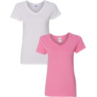 Gildan Womens Heavy Cotton V-Neck T-Shirt 2-Pack Med-White-Azalea