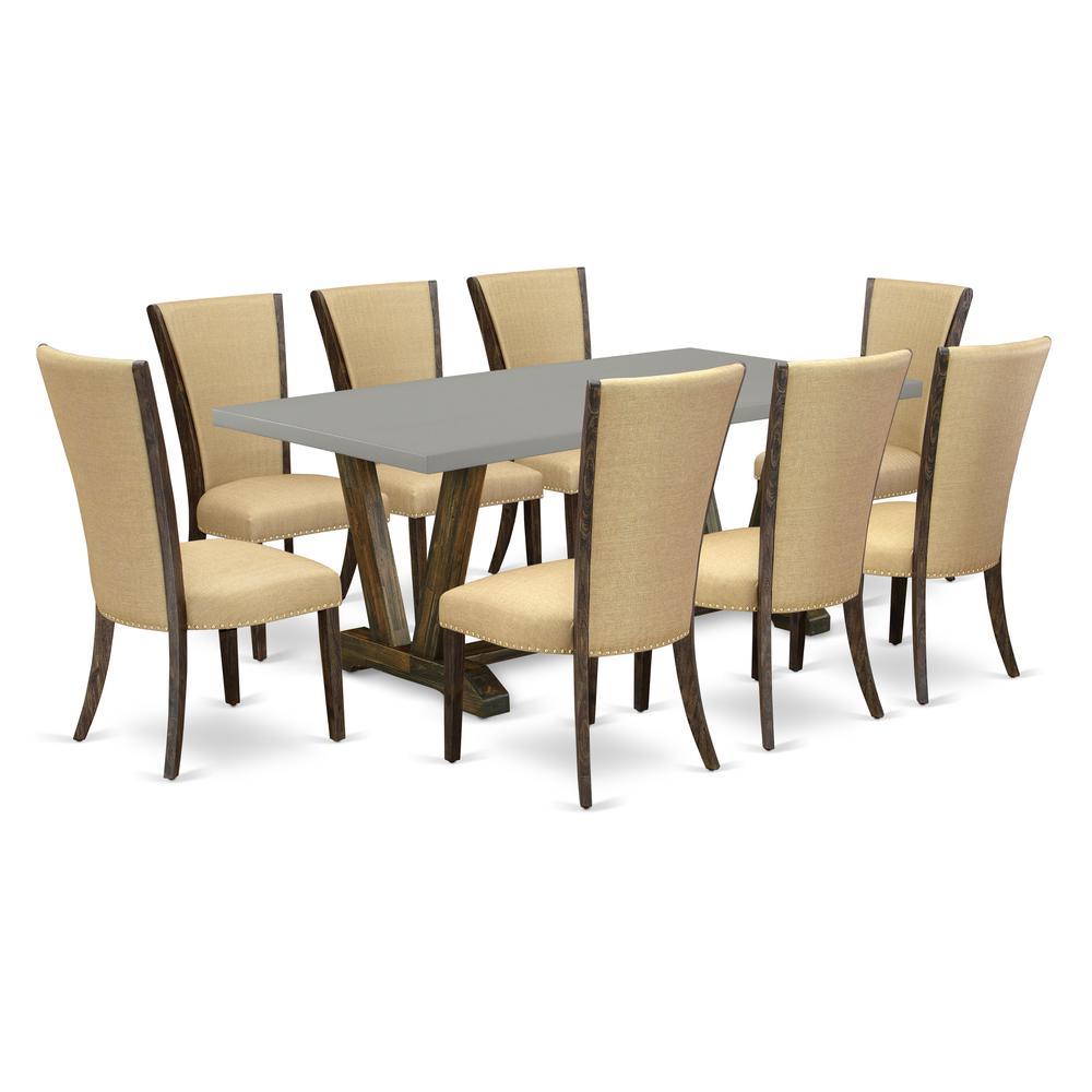 East West Furniture V797VE7039 9Pc Dinette Set Includes a Rectangular Table and 8 Parsons Chairs with Brown Color Linen Fabric