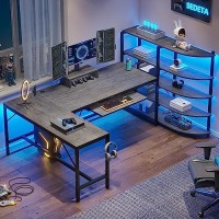Sedeta L Shaped Computer Desk, 63'' U Shaped Office Desk, Gaming Desk With Keyboard Tray & Led Lights, Monitor Stand And Headphone Hook For Home Office, Gray