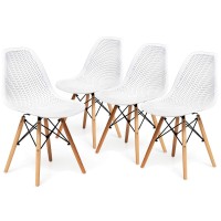 Giantex Set Of 4 Modern Dining Chairs, Outdoor Indoor Shell Pp Lounge Side Chairs With Mesh Design, Beech Wood Legs, Tulip Leisure Chairs, Dsw Dining Chairs For Kitchen, Dining Room, White