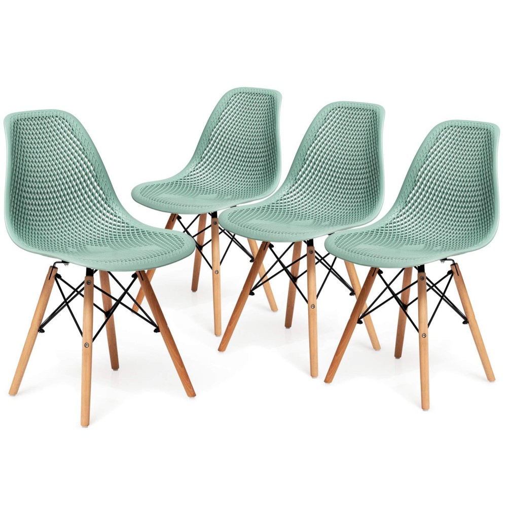 Giantex Set Of 4 Modern Dining Chairs, Outdoor Indoor Shell Pp Lounge Side Chairs With Mesh Design, Beech Wood Legs, Tulip Leisure Chairs, Dsw Dining Chairs For Kitchen, Dining Room, Green