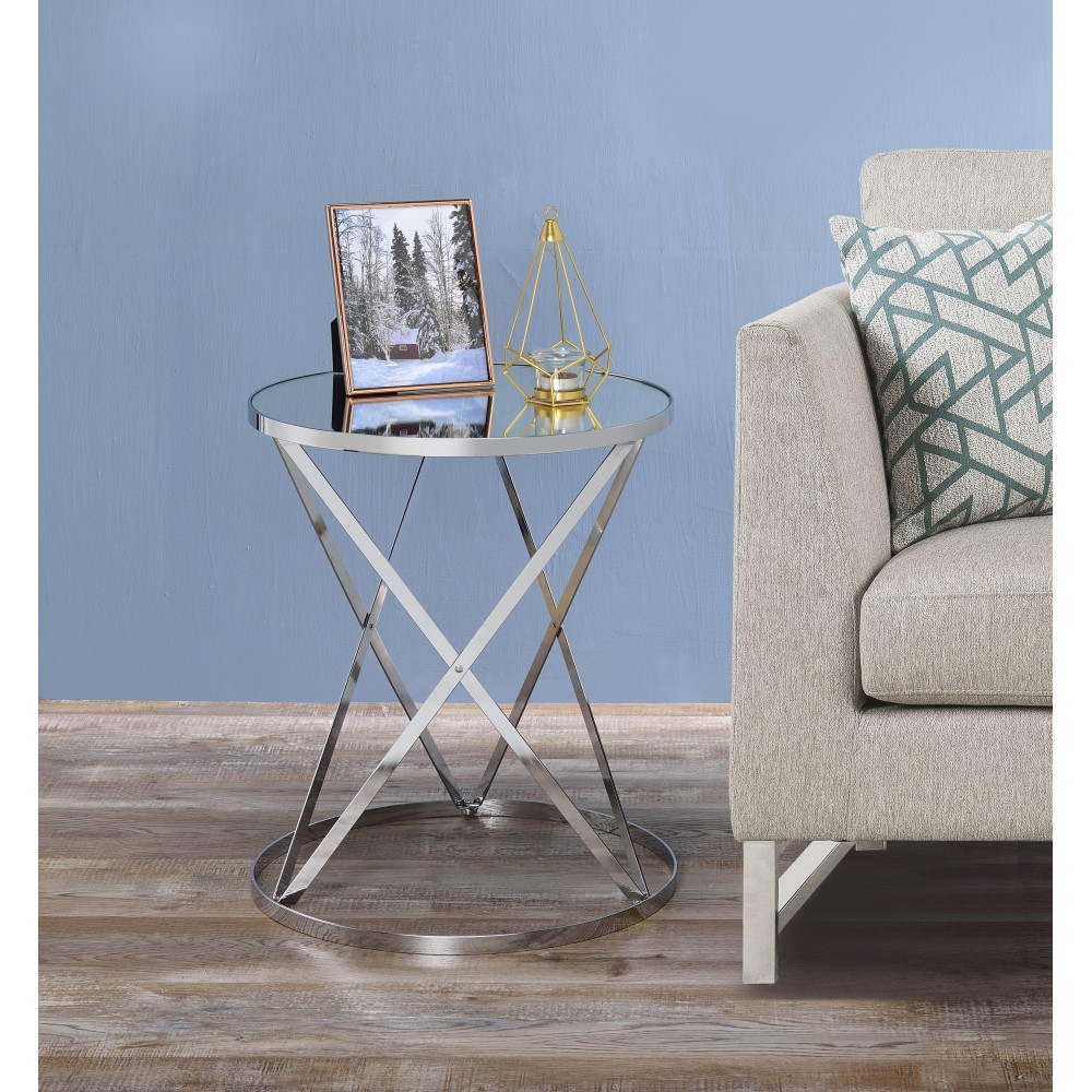 Acme Flux Round Side Table with Metal Base in Mirrored and Chrome
