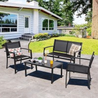 Shintenchi 4 Pieces Patio Furniture Set All Weather Textile Fabric Outdoor Conversation Set, With Glass Coffee Table, Loveseat, 2 Single Chairs For Home, Garden, Lawn, Porch(Black)