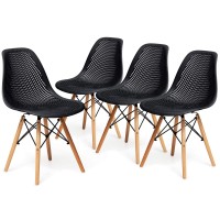 Giantex Set Of 4 Modern Dining Chairs, Outdoor Indoor Shell Pp Lounge Side Chairs With Mesh Design, Beech Wood Legs, Tulip Leisure Chairs, Dsw Dining Chairs For Kitchen, Dining Room, Black