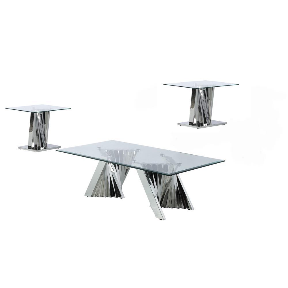 Glass Coffee Table Sets Coffee Table and 2 End Tables with Stainless Steel Base