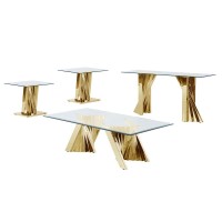 Glass Coffee Table Sets Coffee Table 2 End Tables and Console Table with Stainless Steel Gold Base