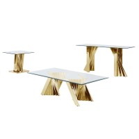 Glass Coffee Table Sets Coffee Table End Table Console Table with Stainless Steel Gold Base