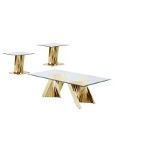 Glass Coffee Table Sets Coffee Table and 2 End Tables with Stainless Steel Gold Base