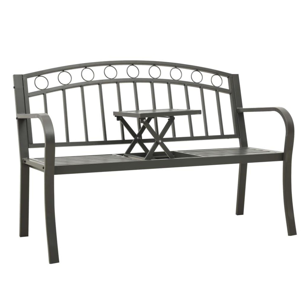 Vidaxl Patio Bench With Center Table - 49.2-Inch Steel Garden Bench - Weather-Resistant Outdoor Seating - Industrial Gray Bench With Curved Armrests